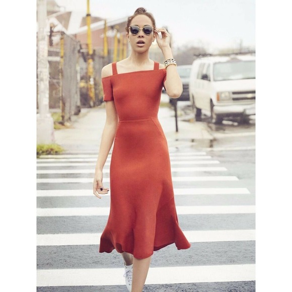 ALC Daniel Linen Cold Shoulder Midi Dress Red - Picture 1 of 12